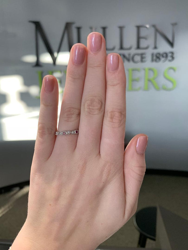 RINGS - 10k White Gold Diamond And Square Ruby Birthstone Ring