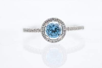 RINGS - 14K White Gold 5mm Round Blue Topaz And Diamond Halo Ring