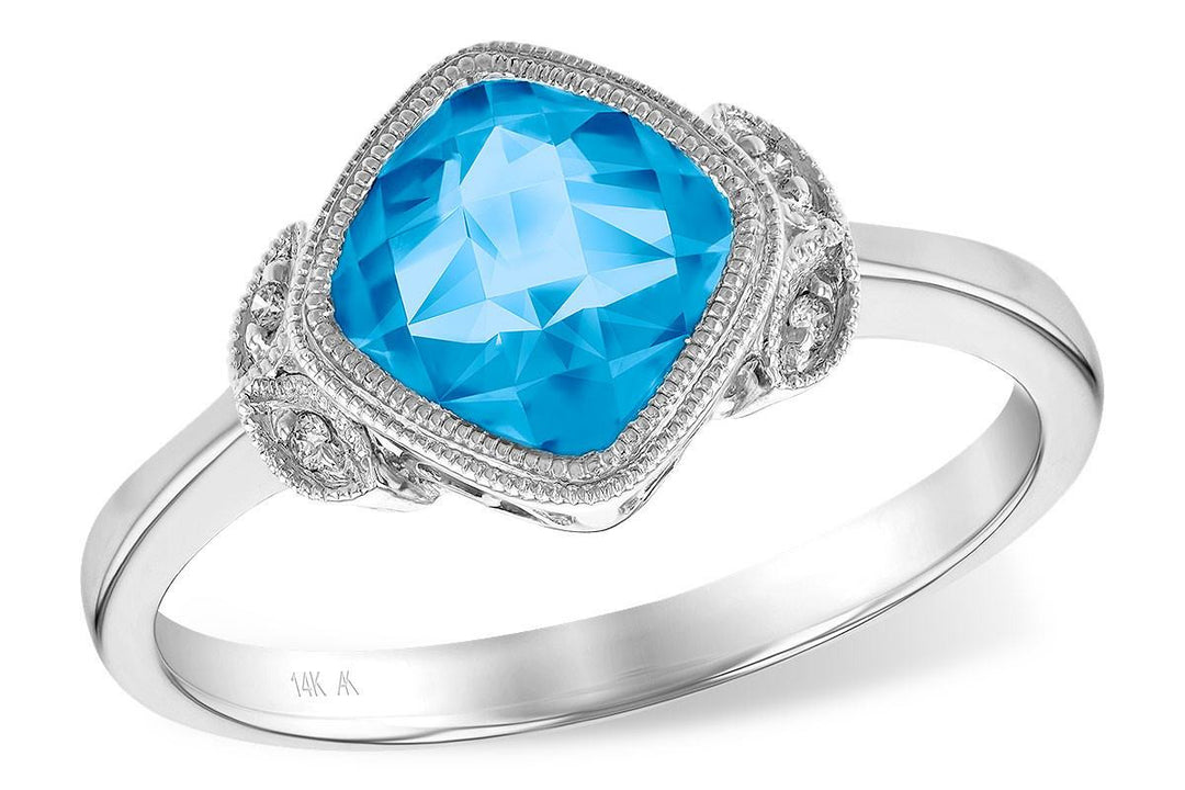 RINGS - 14K White Gold Cushion Cut Swiss Blue Topaz And Diamond Ring