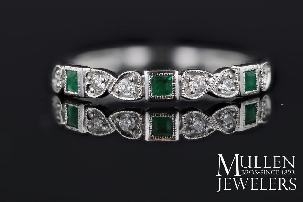 RINGS - 14K White Gold Diamond And Square Emerald Birthstone Ring