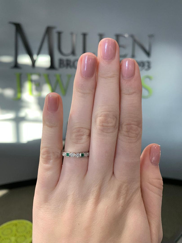 RINGS - 14K White Gold Diamond And Square Emerald Birthstone Ring