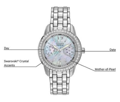 Citizen Eco-Drive Ladies Silhouette Crystal Stainless Steel Watch with Swarovski Crystals and Black Mother of Pearl Dia