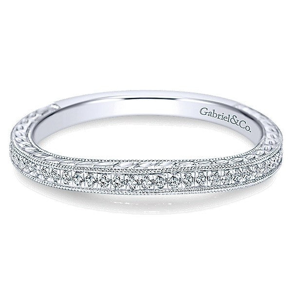 WEDDING - 14K White Gold .14cttw Bead Set Contoured Diamond Wedding Band With Engraved Shank