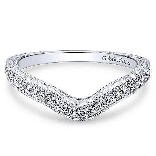 WEDDING - 14K White Gold .20cttw Bead Set Contoured Diamond Wedding Band With Engraved Shank