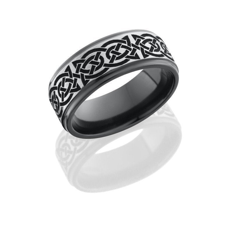 WEDDING - Black Zirconium 8mm Wide Laser Carved Celtic Wedding Band