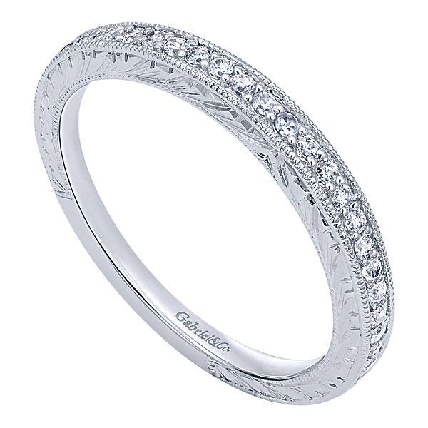 Wedding Ring - 14K White Gold .19cttw Bead Set Diamond Wedding Band With Engraved Shank