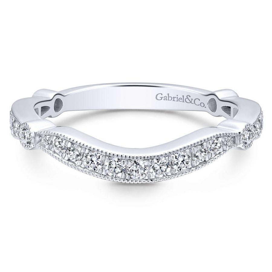 Wedding Ring - 14K White Gold .34cttw Bead Set Curved Diamond Wedding Band With Milgrain Detail.