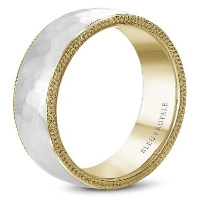 Wedding Ring - Bleu Royale 14K Two-Tone Brushed And Hammered Mens Wedding Ring With Roped Edging