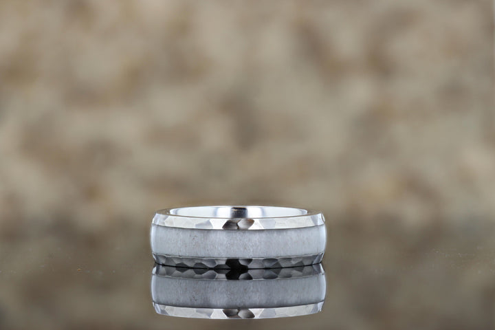 Cobalt Chrome Hammered Domed Wedding Ring with Genuine Elk Antler Inlay