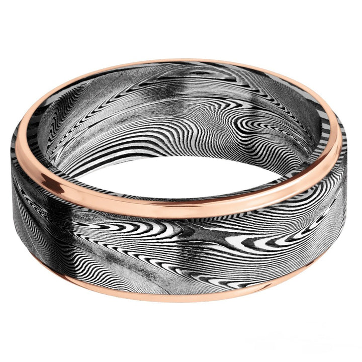 Damascus Steel Wide Flat Band Grooved Edges And Acid Finish