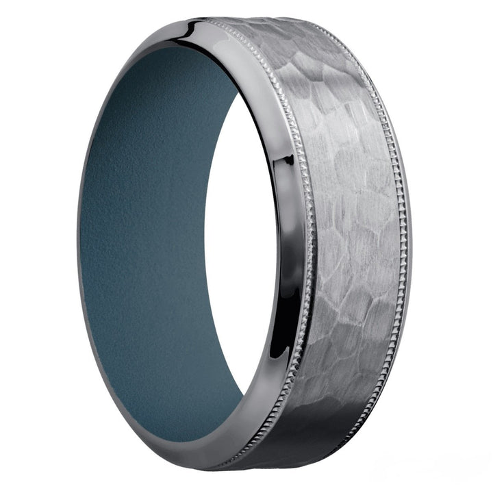 Tantalum Hammered 8mm Wedding Ring with Milgrain Detail and Stone Blue Cerakote Inner Sleeve