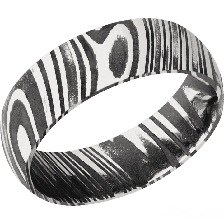 Woodgrain Damascus Steel 7mm Wide Domed Band With Acid Finish