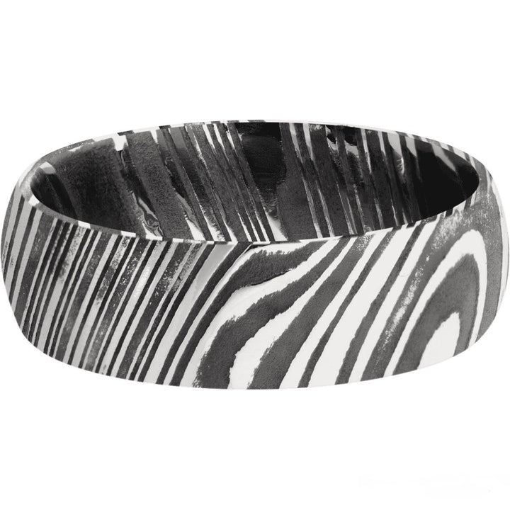 Woodgrain Damascus Steel 7mm Wide Domed Band With Acid Finish