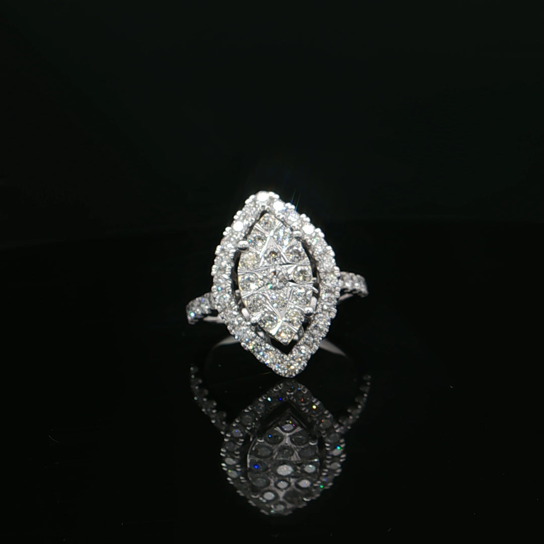 Estate 14K White Gold Round Diamond Cluster Marquise Shaped Halo Fashion Ring