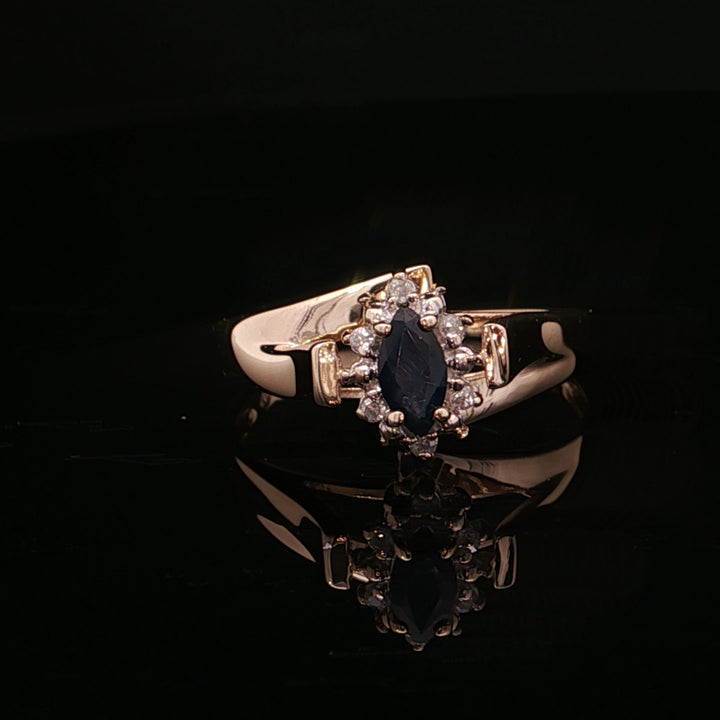 Estate 14K Yellow Gold 6x3mm Marquise Blue Sapphire and Diamond Halo Ring