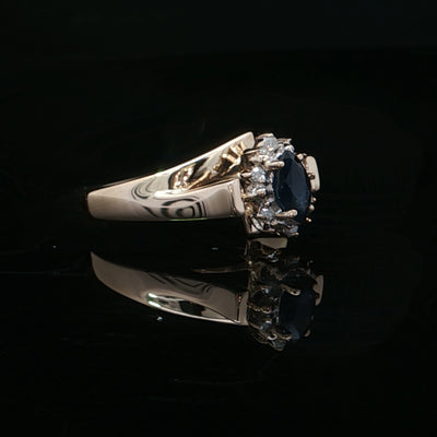 Estate 14K Yellow Gold 6x3mm Marquise Blue Sapphire and Diamond Halo Ring