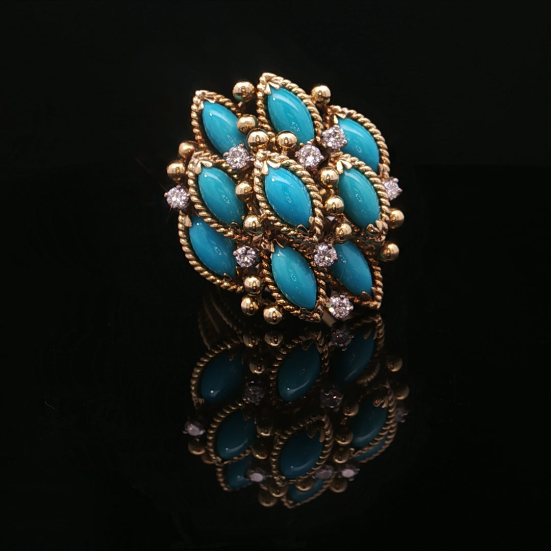 Estate 18K Yellow Gold Turquoise & Diamond Floral Cluster Fashion Ring