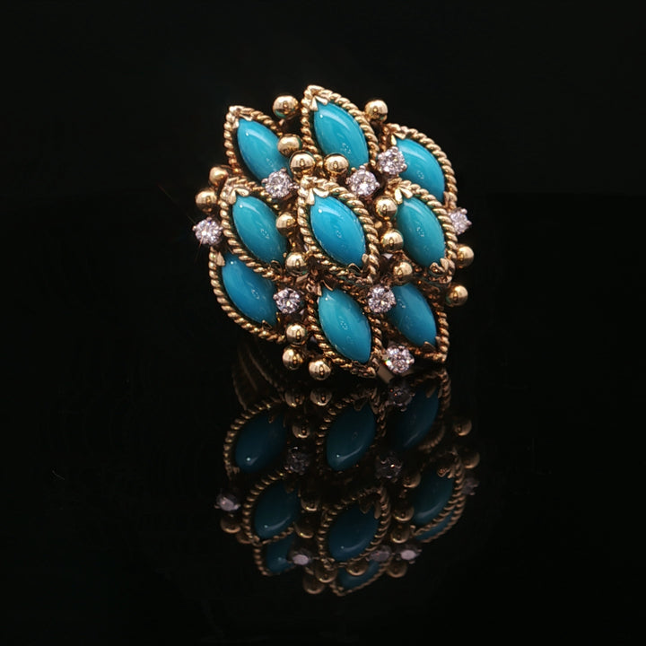 Estate 18K Yellow Gold Turquoise & Diamond Floral Cluster Fashion Ring