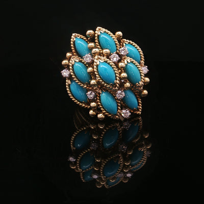 Estate 18K Yellow Gold Turquoise & Diamond Floral Cluster Fashion Ring