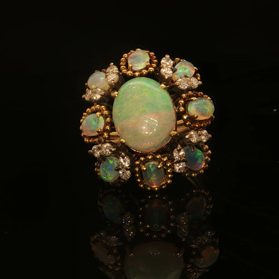 Estate 18K Yellow Gold Oval Opal Cluster with Diamond Accents Fashion Ring