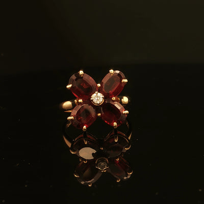 Estate 14K Yellow Gold Garnet Flower Ring with Diamond Accent