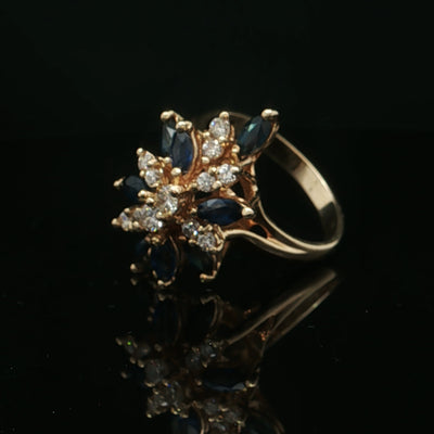 Estate 14K Yellow Gold Diamond and Marquise Shaped Blue Sapphires Cluster Ring