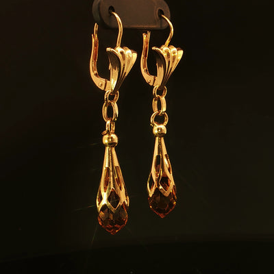 Estate 18K Yellow Gold Citrine Briolette Drop Earrings with Leverback Posts