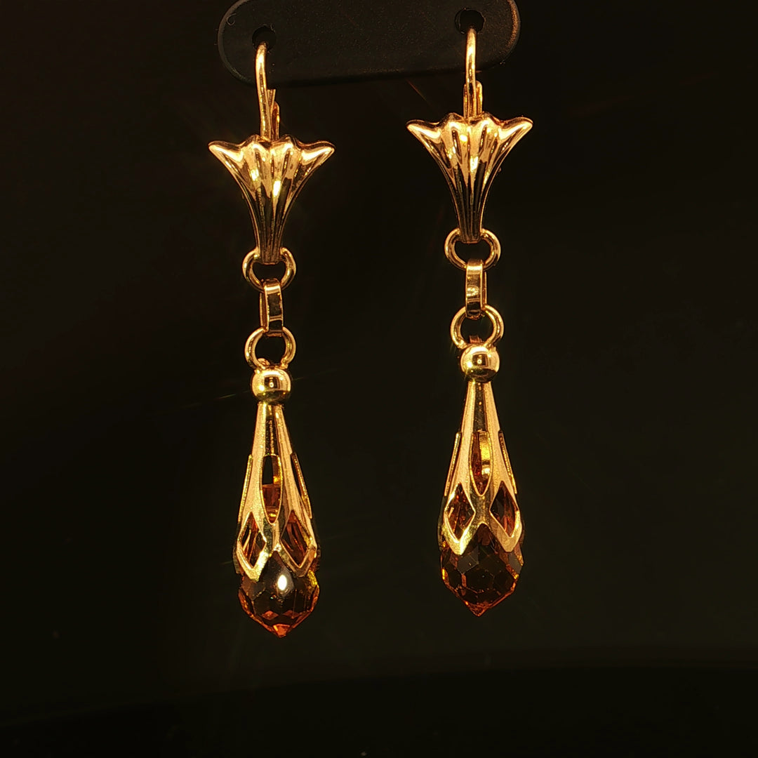 Estate 18K Yellow Gold Citrine Briolette Drop Earrings with Leverback Posts