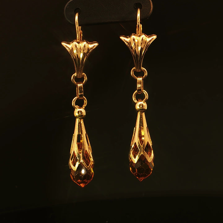 Estate 18K Yellow Gold Citrine Briolette Drop Earrings with Leverback Posts