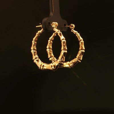 Estate 14K Yellow Gold Ribbed Bamboo Style Hoop Earrings