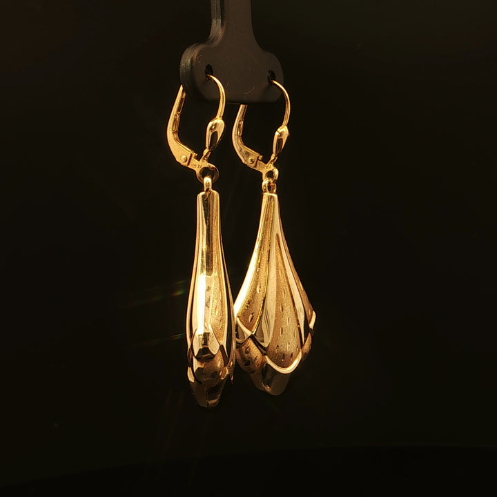 Estate 14K Yellow Gold Fancy Drop Leverback Earrings with Etched Design