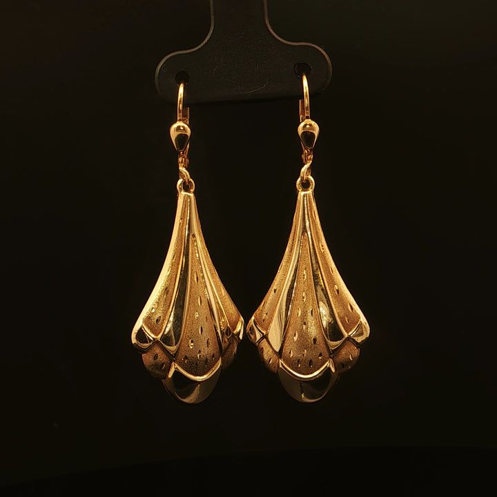 Estate 14K Yellow Gold Fancy Drop Leverback Earrings with Etched Design