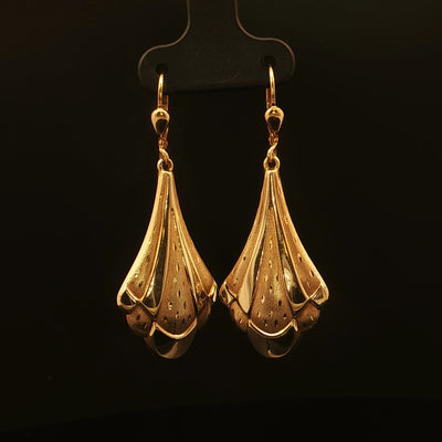 Estate 14K Yellow Gold Fancy Drop Leverback Earrings with Etched Design