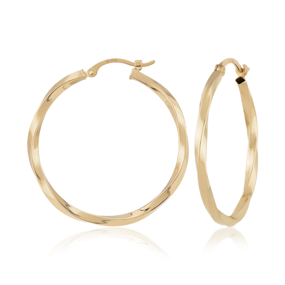 Twisted Tube Hoop Earrings 14K Yellow Gold 2x24mm