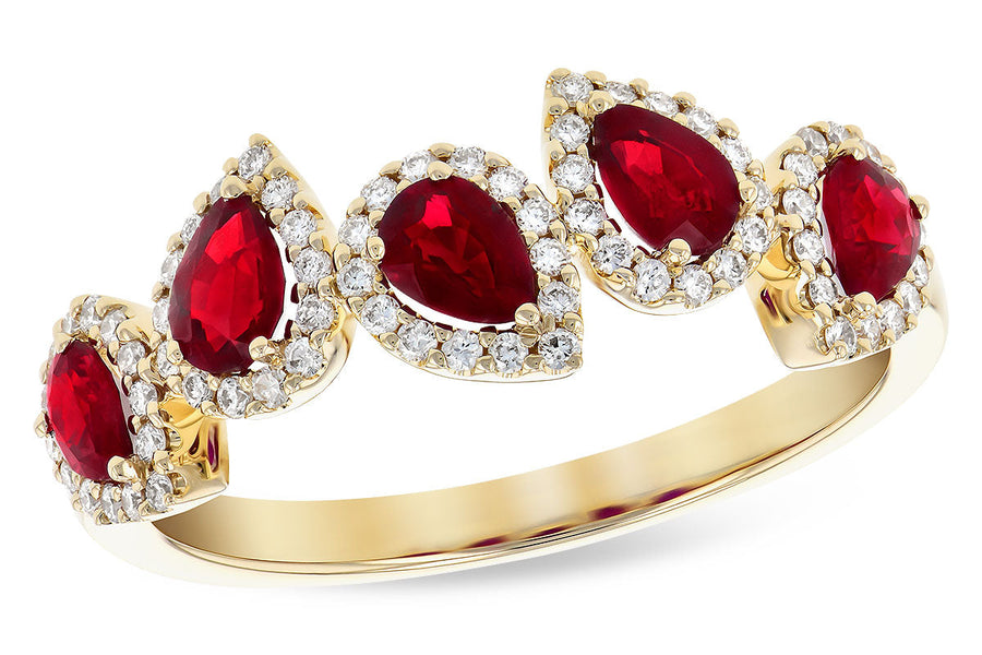 14K Yellow Gold Pear Shaped Ruby & Diamond Halo Band