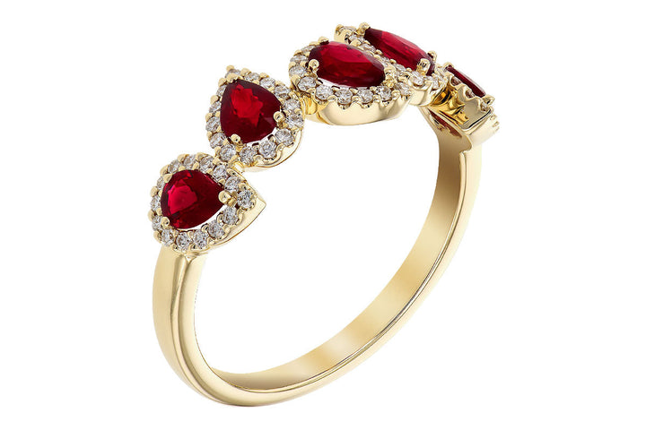 14K Yellow Gold Pear Shaped Ruby & Diamond Halo Band