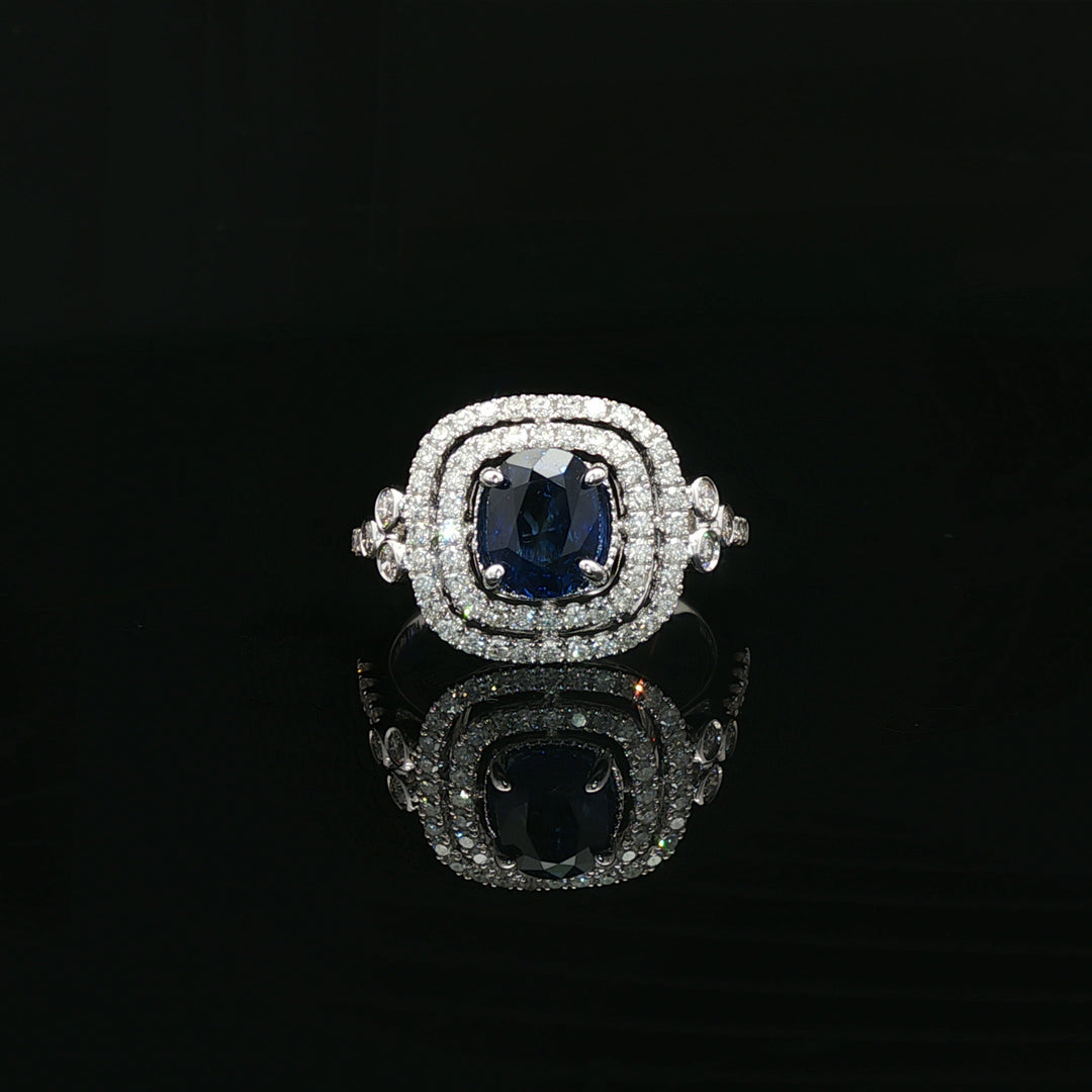 Estate Platinum & 14K Sapphire & Diamond Double Cushion Halo Fashion Ring