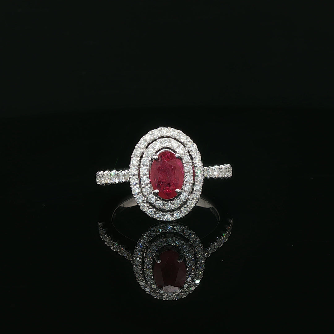 Estate Platinum 0.65cttw Ruby & 0.58cttw Diamond Double Oval Halo Fashion Ring