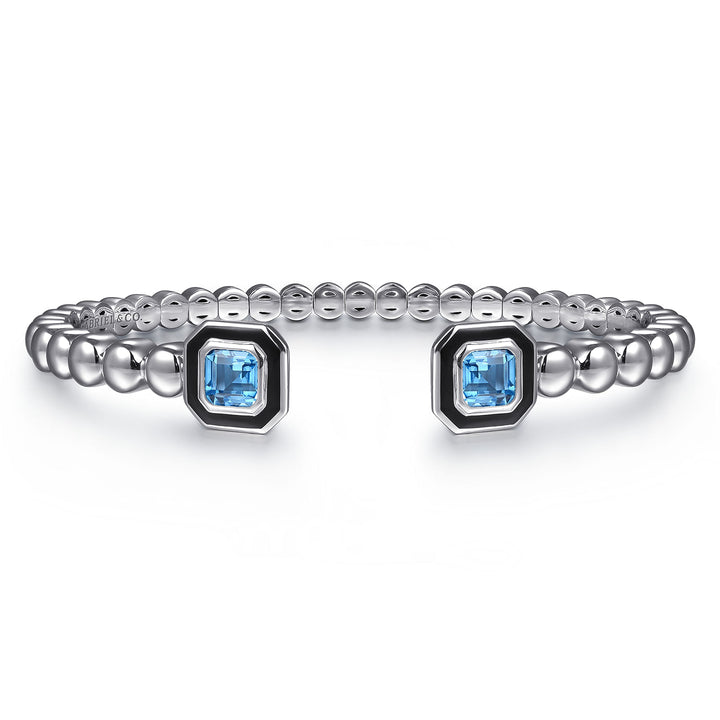 Sterling Silver 6.25" Bujukan Blue Topaz Open Bangle Bracelet with black enamel