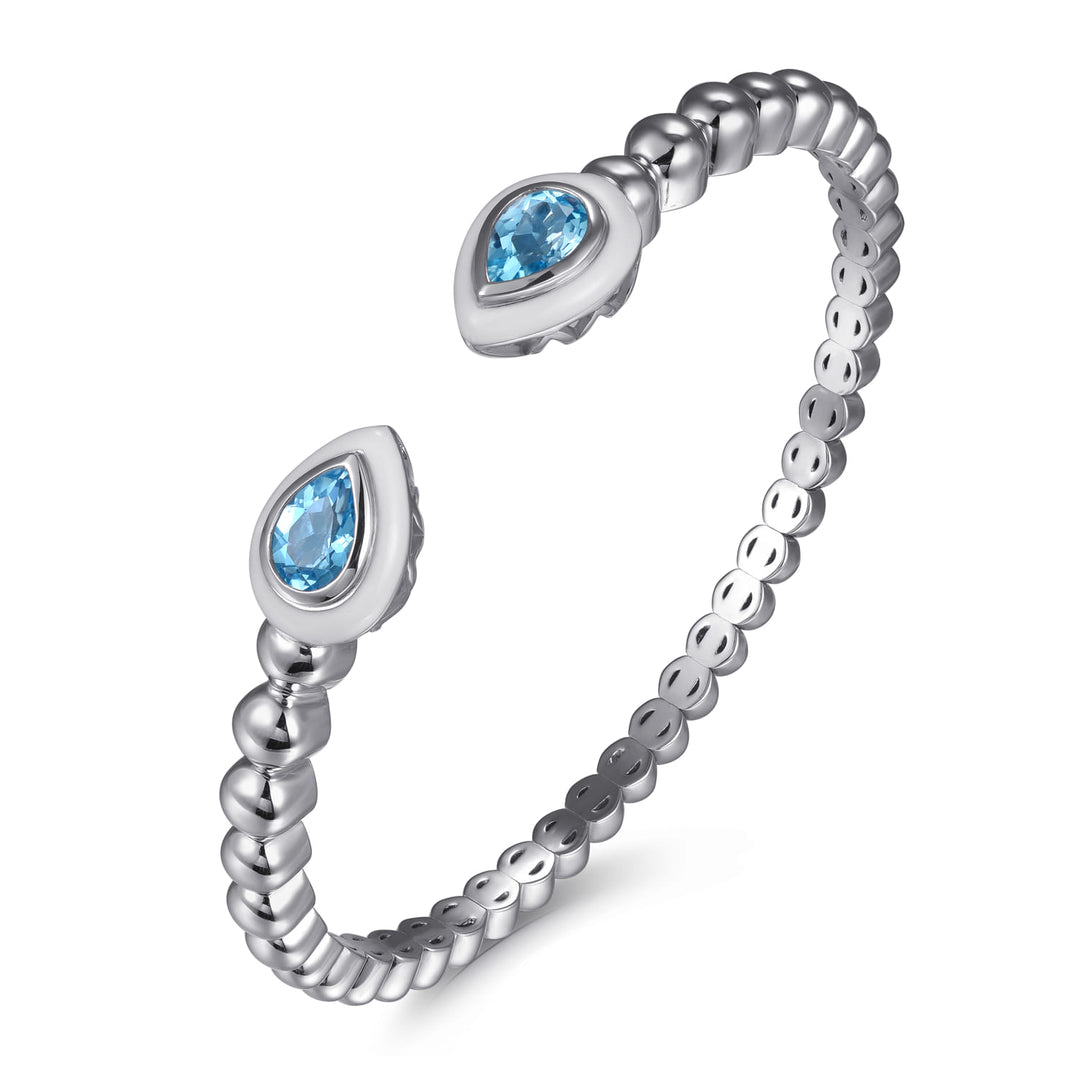 Sterling Silver Bujukan Blue Topaz Open Bangle with White Enamel