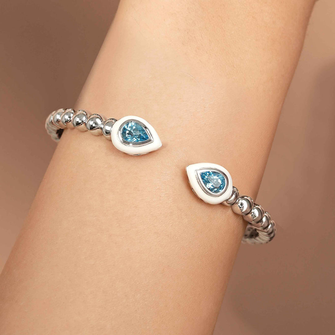 Sterling Silver Bujukan Blue Topaz Open Bangle with White Enamel