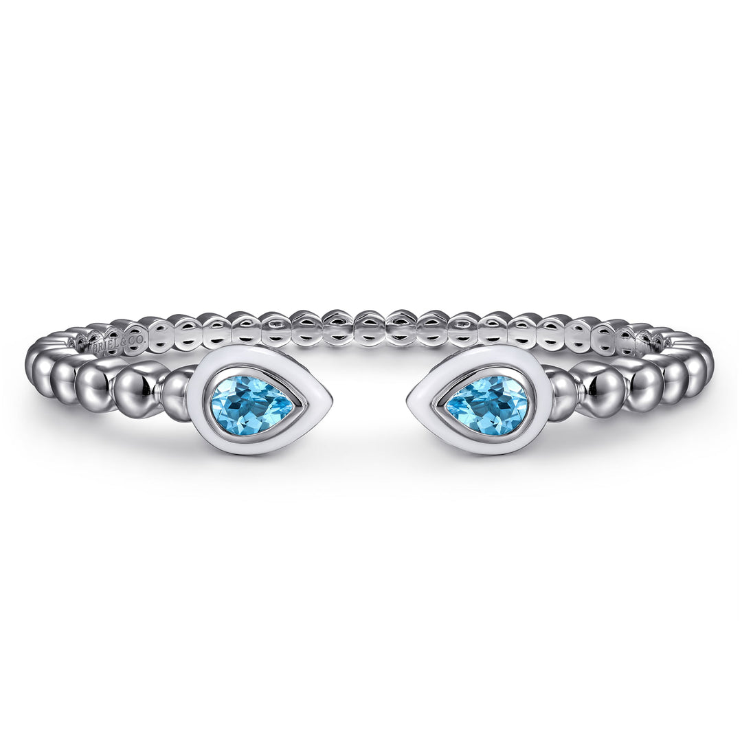 Sterling Silver Bujukan Blue Topaz Open Bangle with White Enamel