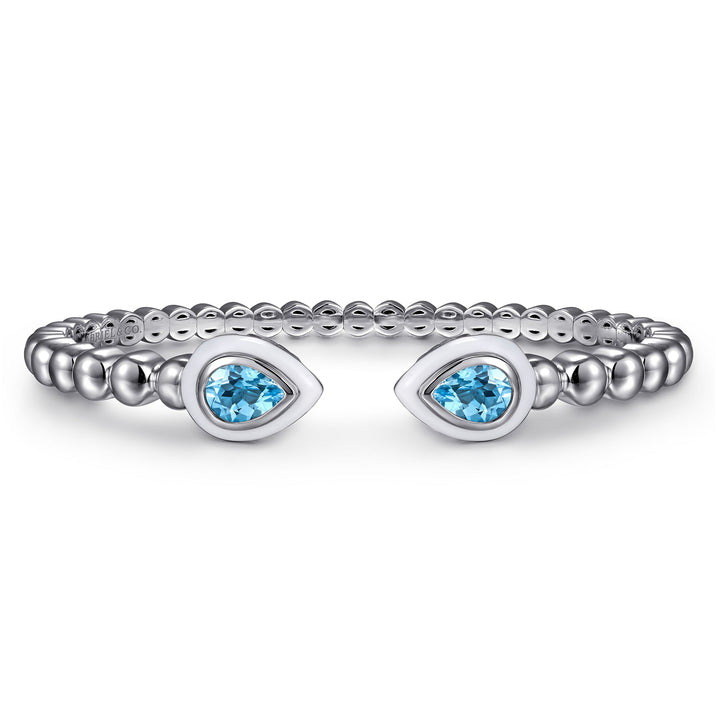 Sterling Silver Bujukan Blue Topaz Open Bangle with White Enamel