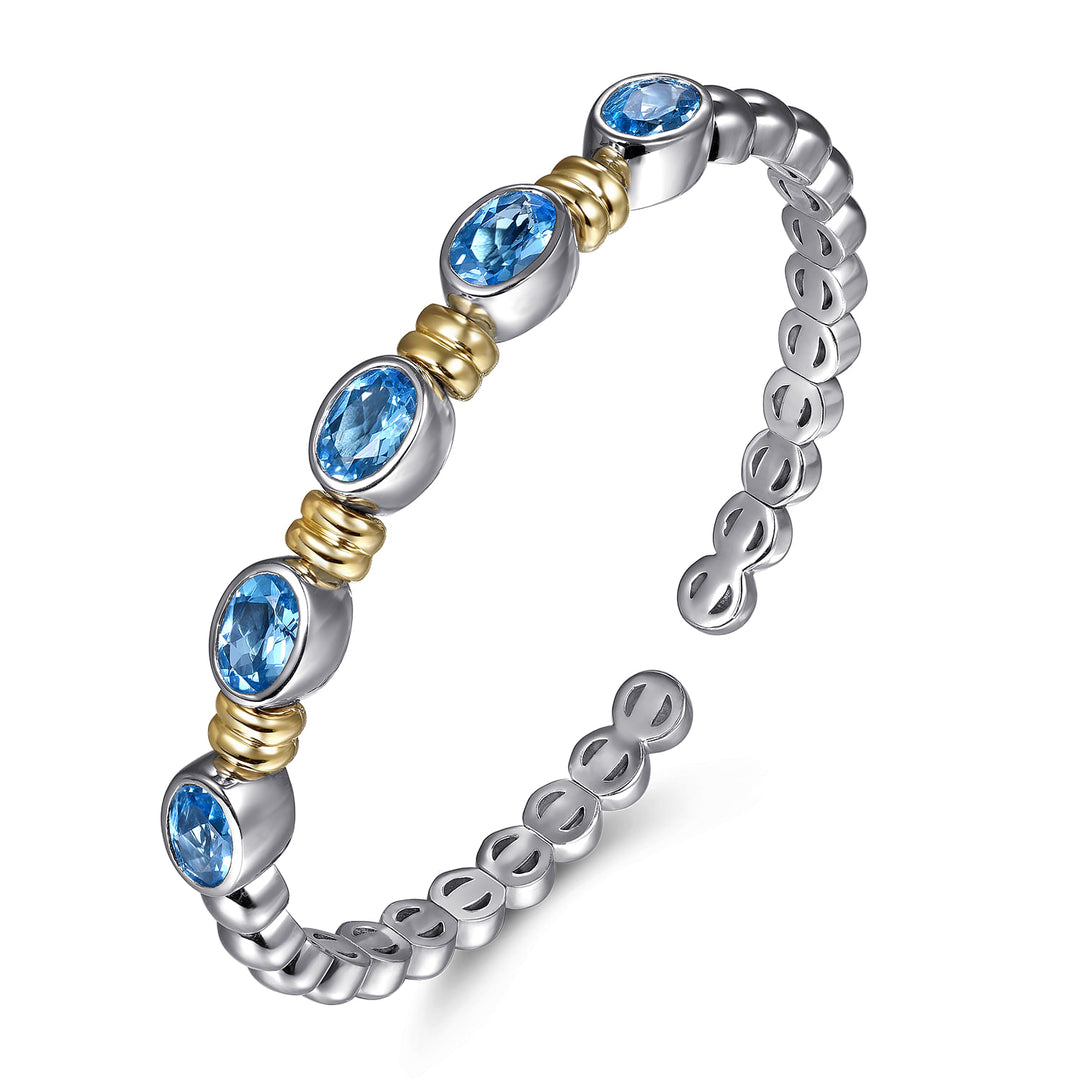 14K Yellow Gold & Sterling Silver Bujukan Blue Topaz Open Bangle Bracelet