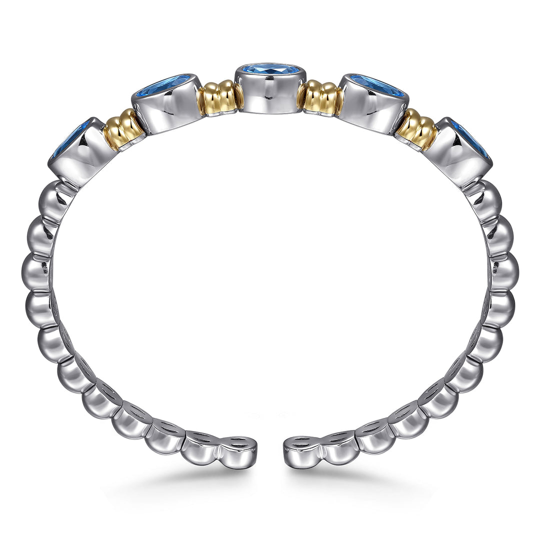 14K Yellow Gold & Sterling Silver Bujukan Blue Topaz Open Bangle Bracelet