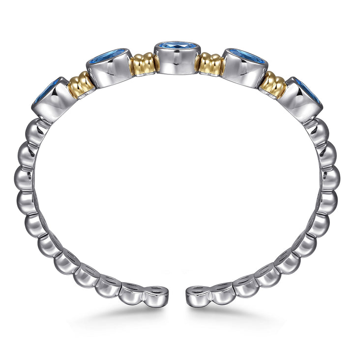 14K Yellow Gold & Sterling Silver Bujukan Blue Topaz Open Bangle Bracelet