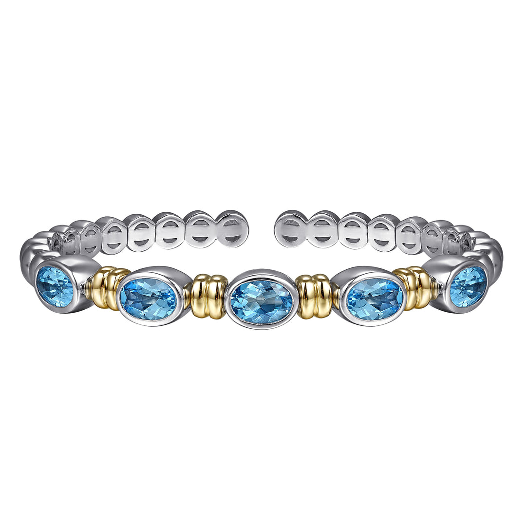 14K Yellow Gold & Sterling Silver Bujukan Blue Topaz Open Bangle Bracelet