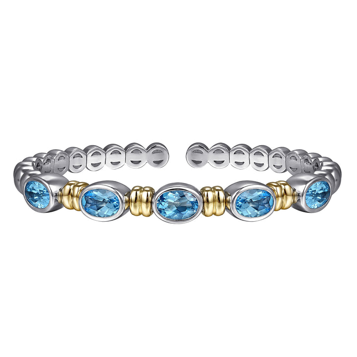 14K Yellow Gold & Sterling Silver Bujukan Blue Topaz Open Bangle Bracelet