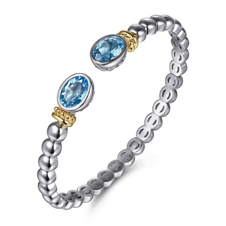 14K Yellow Gold & Sterling Silver Bujukan Blue Topaz Open Bangle Bracelet