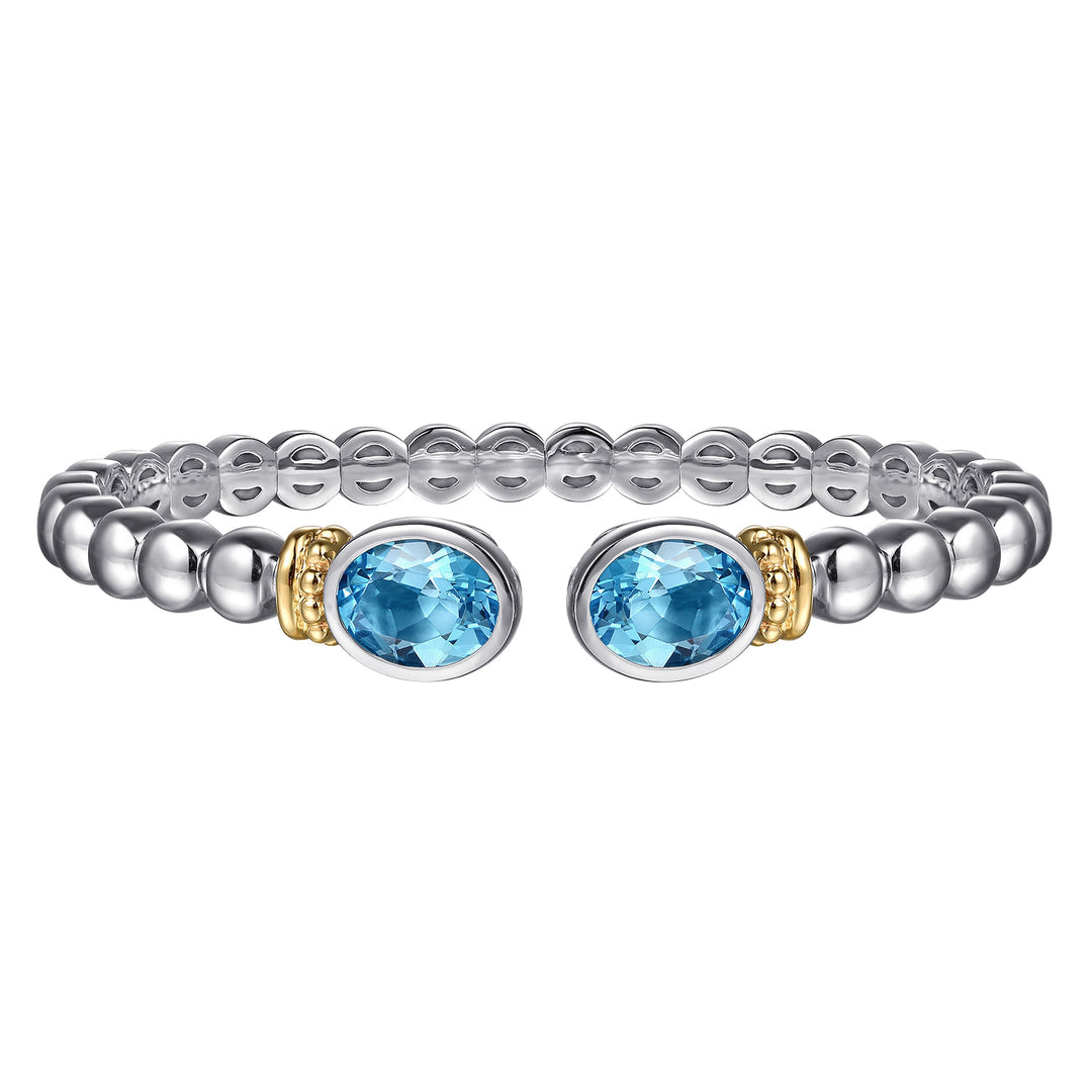 14K Yellow Gold & Sterling Silver Bujukan Blue Topaz Open Bangle Bracelet